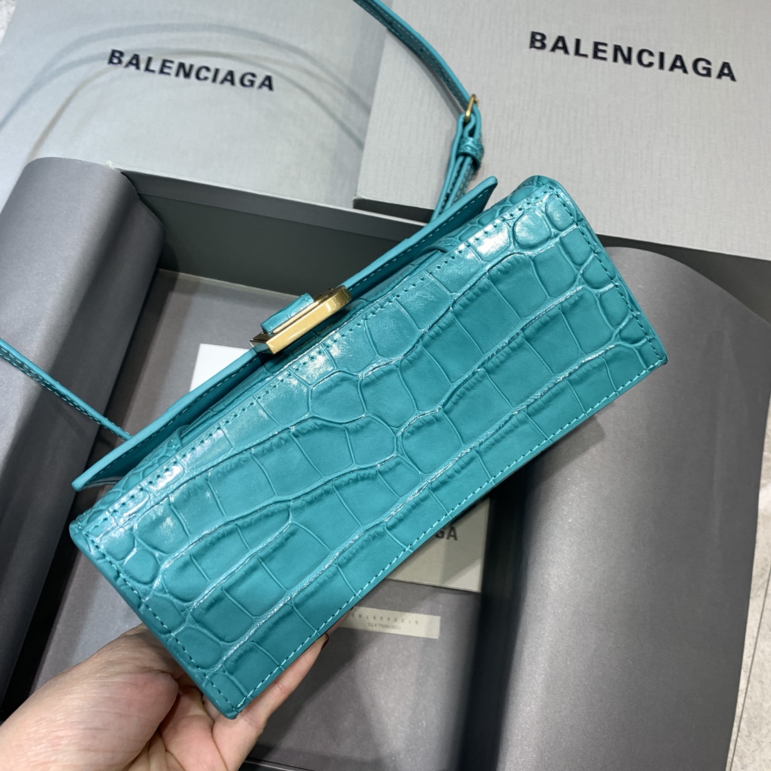 Balenciaga Hourglass XS Handbag Crocodile Embossed Shoulder Bag Green Blue